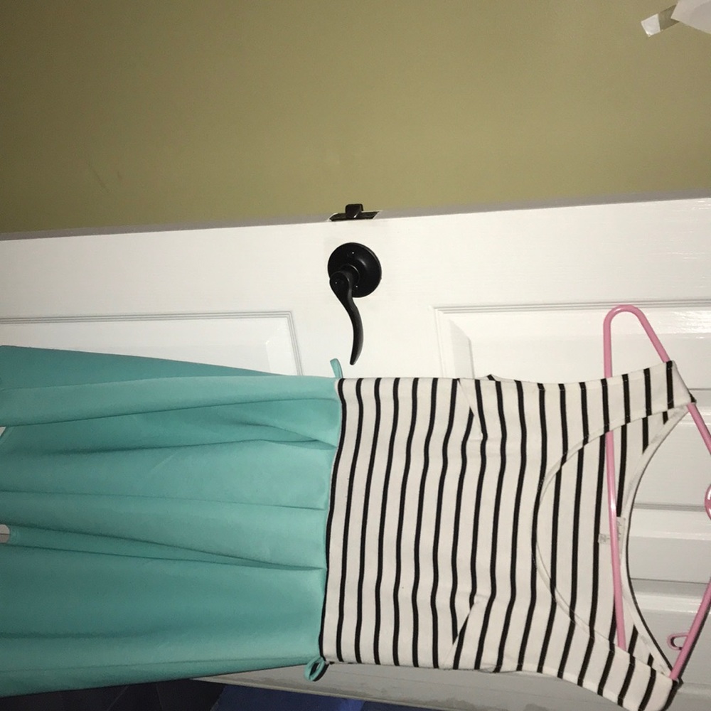 Turquoise and black & white striped dress